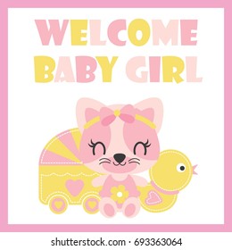 Cute baby kitten with duck toy and baby cart vector cartoon illustration for baby shower card design, kid t shirt design, and wallpaper