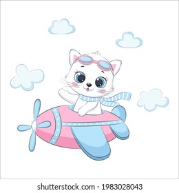 Cute baby kitten is flying on a plane. Cartoon vector illustration.