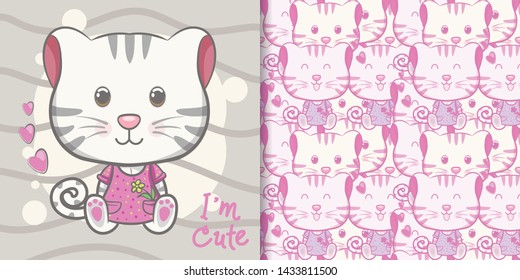 
cute baby kitten greeting card with  pattern set