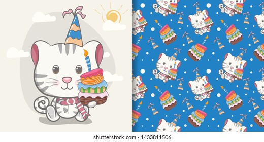 
cute baby kitten greeting card with  pattern set