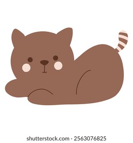 Cute baby kitten, kawaii brown cat with a striped tail, laying cat vector illustration