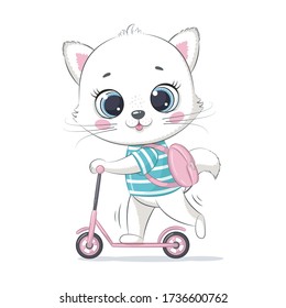 Cute baby kitten on the scooter. Vector illustration for baby shower, greeting card, party invitation, fashion clothes t-shirt print.