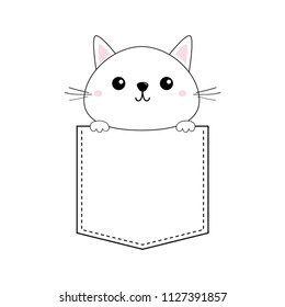 Cute baby kitten in the pocket. Pink cheeks. Holding paw hands. Doodle contour linear sketch. Cartoon pet animals. Cat kitty character. Dash line. T-shirt design. White background. Flat Vector