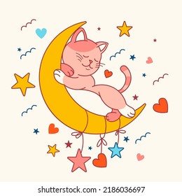 Cute Baby kitten sleeping on the moon. Isolated Adorable sweet dreaming doodle vector illustration for t shirt, nursery goods.