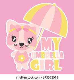 Cute baby kitten as umbrella girl vector cartoon illustration for baby shower card design, kid t shirt design, and wallpaper