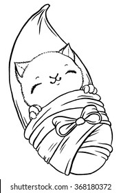 Cute baby kitten wrapped in blanket like newborn 
