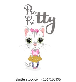 Cute baby kitty cartoon hand drawn vector illustration. Can be used for baby t-shirt print, fashion print design, children wear, baby shower celebration, greeting and invitation card.