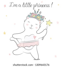 Cute baby kitty princess. Little cat girl dancing with magic wand. Hand drawn vector illustration.