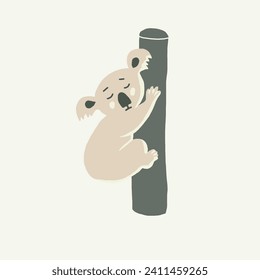 Cute baby koala bear animal illustration on a tree in muted colours.