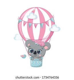 Cute baby koala bear on a hot air balloon. Vector illustration for baby shower, greeting card, party invitation, fashion clothes t-shirt print.