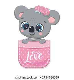 Cute baby koala bear in pocket. Vector illustration for baby shower, greeting card, party invitation, fashion clothes t-shirt print.