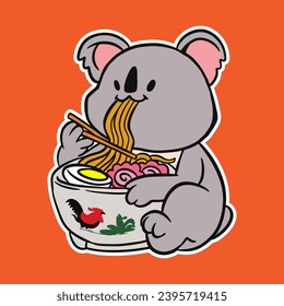 cute baby koala eating ramen noodles. vector illustration
