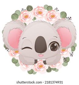 Cute baby koala with flowers in watercolor illustration