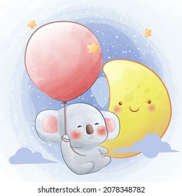 cute baby koala is flying a balloon in the sky among the stars