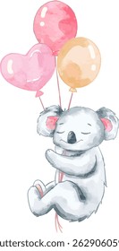 Cute Baby Koala Flying with balloons. Watercolor element suited for baby shower project, sticker, and gender reveal.