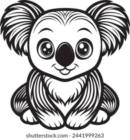 Lindo bebé Koala, cara frontal que mira, diseño negro y blanco y negro para los proyectos de los niños, proyectos escolares o estampados en regalos como camisetas, tazas, tazas, etc. Diseño vectorial, archivo de corte, láser, sublimación 