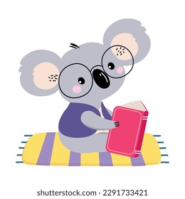 Cute baby koala in glasses reading book. Funny smart wild animal character sitting with book cartoon vector illustration