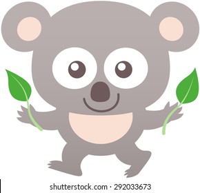 Cute baby koala with gray fur, big rounded ears, bulging eyes and friendly mood while staring at you, walking and showing two leaves of eucalyptus