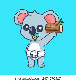 Cute Baby Koala Holding Branch Wood Cartoon Vector Icon Illustration. Animal Nature Icon Concept Isolated Premium Vector. Flat Cartoon Style