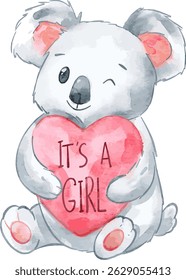 Cute Baby Koala Hugging a Heart with It's a Girl. Watercolor element suited for baby shower project, sticker, and gender reveal.