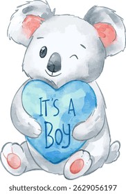 Cute Baby Koala Hugging a Heart with It's a Boy. Watercolor element suited for baby shower project, sticker, and gender reveal.