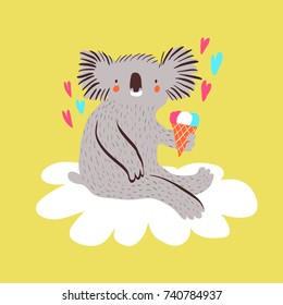 Cute baby koala with ice cream sitting on a cloud. Cartoon vector illustration.