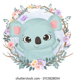 cute baby koala illustration, animal clip-art, baby shower decoration, watercolor illustration.