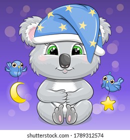 Cute baby koala in the night hat with stars. Vector illustration of animal with birds on the dark background.