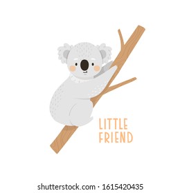 Cute baby koala in pastel colors. Illustration of cute cartoon. Vector koala bear illustration for children designs, nursery room decor, cards and posters