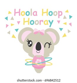 Cute baby koala plays ho ola hoop vector cartoon illustration for baby shower card design, kid t shirt design, and wallpaper