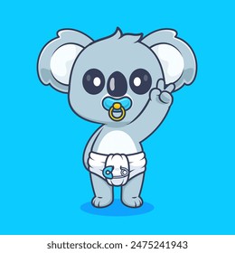 Cute Baby Koala Wearing Pacifier And Diaper Cartoon Vector Icon Illustration. Animal Nature Icon Concept Isolated Premium Vector. Flat Cartoon Style