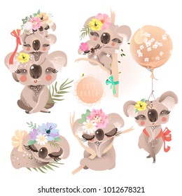 Cute baby koalas (coala) with flowers, floral wreath, bouquet, balloon and tied bows collection, set. Adorable baby animals