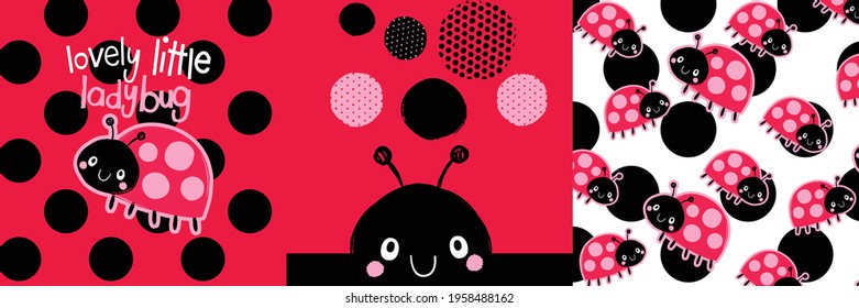 Cute baby ladybug pattern vector set illustration. Vector Print.Lovely Nursery Art for Card, Invitation, Wall Art, Baby Girl Party.