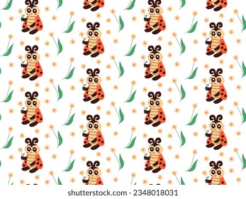 Cute baby ladybug seamless pattern. Carton doodle style, Funny Red Ladybugs.