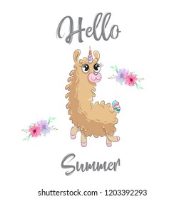 Cute baby Lama cartoon hand drawn vector illustration. Can be used for baby t-shirt print, fashion print design, children wear, baby shower celebration, greeting and invitation card.