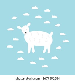 Cute baby lamb and clouds on background. Cartoon vector illustration in scandinavian style