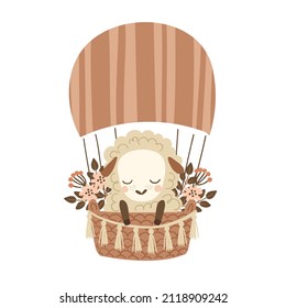 Cute baby lamb is flying in a hot air balloon. Boho vector illustration of a little sleeping sheep.