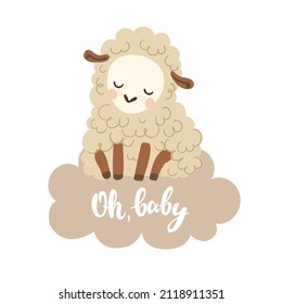 A cute baby lamb sits on a cloud. Boho vector illustration of a little sleeping sheep.