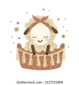 Cute baby lamb sleeps in a basket with stars. Boho vector illustration of a little sleeping sheep.