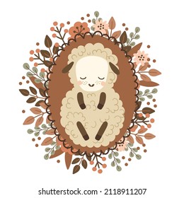 Cute baby lamb sleeps with flowers Boho vector illustration of a little sleeping sheep.