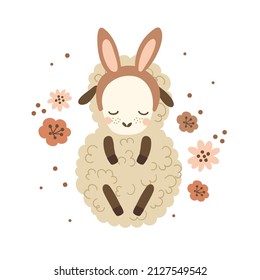 Cute baby lamb sleeps with flowers Boho vector illustration of a little sleeping sheep.