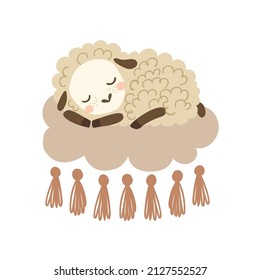 Cute baby lamb sleeps on the cloud. Boho vector illustration of a little sleeping sheep.