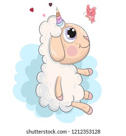 Cute baby lamb unicorn cartoon hand drawn vector illustration. Can be used for baby t-shirt print, fashion print design, children wear, baby shower celebration, greeting and invitation card.