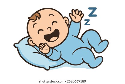 A cute baby Laughing on a fluffy blue pillow. The baby is wearing cute pajamas. laughing newborn toddler card design Vector Illustration