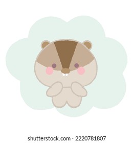 Cute baby lemming on green cloud. Hand drawn vector illustration in crayon colored texture isolated on white background.