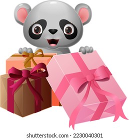 Cute baby lemur cartoon with gift box