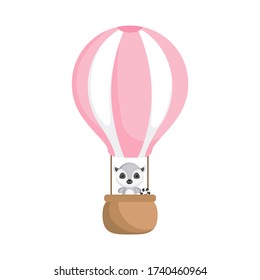 Cute baby lemur in the pink hot air balloon. Graphic element for childrens book, album, scrapbook, postcard, invitation, mobile game. Flat vector stock illustration isolated on white background.