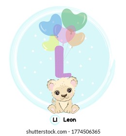 Cute baby leon flying with balloons. Art vector illustration. Cute Animal Alphabet Series A-Z. 