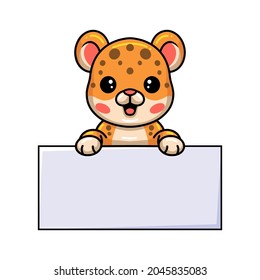 Cute baby leopard cartoon with blank sign