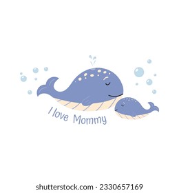 Cute baby lettering with an adult and a baby whales. I love Mommy phrase with animals. Vector cartoon illustration for nursery fabric, decor, clothes, and t-shirts in pastel colors.